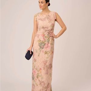 Classic column gown cap sleeves in delicate floral pattern